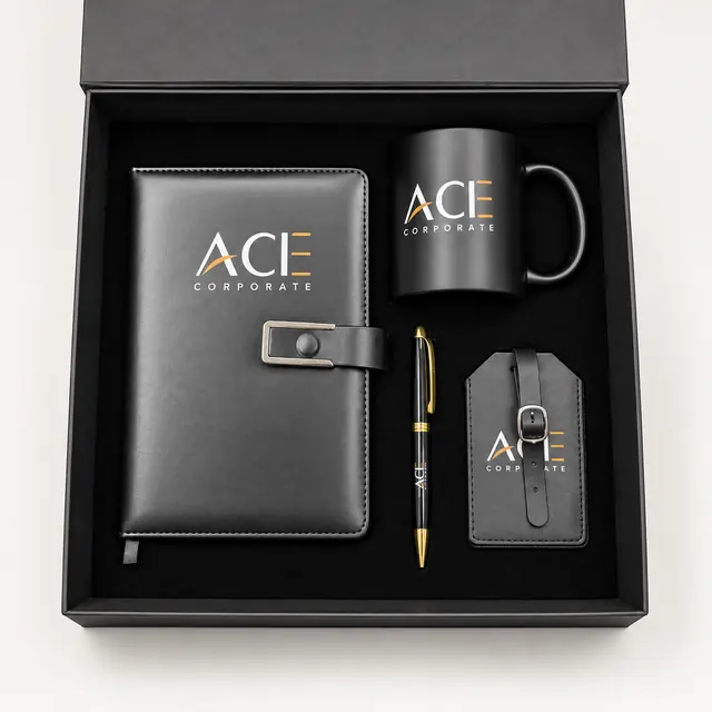 Black gift set with organizer mug pen and luggage tag